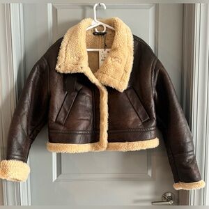 Zara Women’s Brown Faux Leather.Shearling Jacket size Large. New with Tags